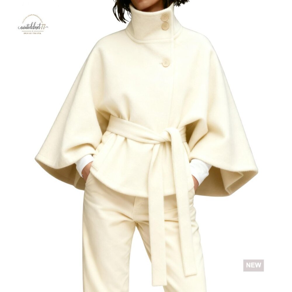 Wool Blend Pea Coat Cropped Overcoat Batwing Sleeves Belted Jacket
